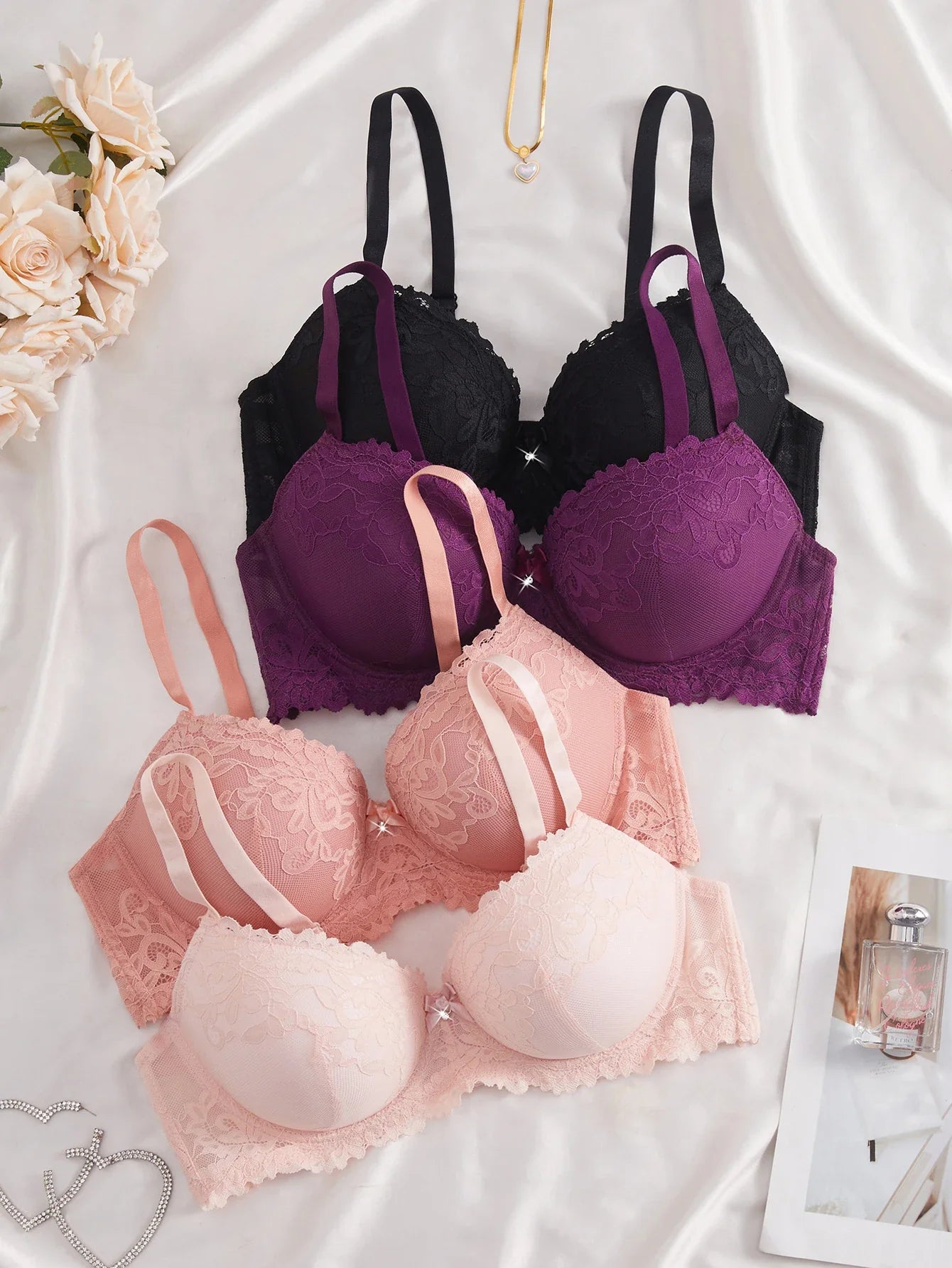 4Pcs Daily Plus Size Floral Lace Women's Underwear Set Thin Cup Push up Bra Wide Strap Underwire Side Support Women Lingerie Bra