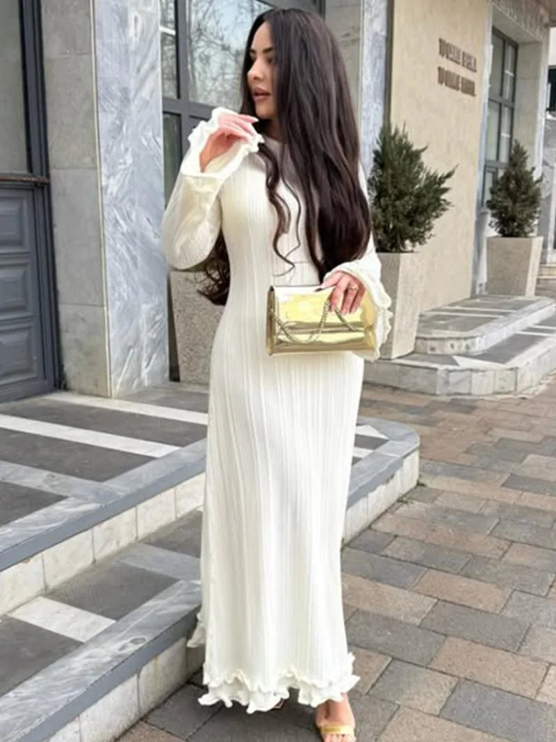 Trendix Knit Elegant Ruffle Maxi Dress Women Summer High Waist Long Sleeve Lace Up Dresses Casual Sexy Backless Knitwear Dress