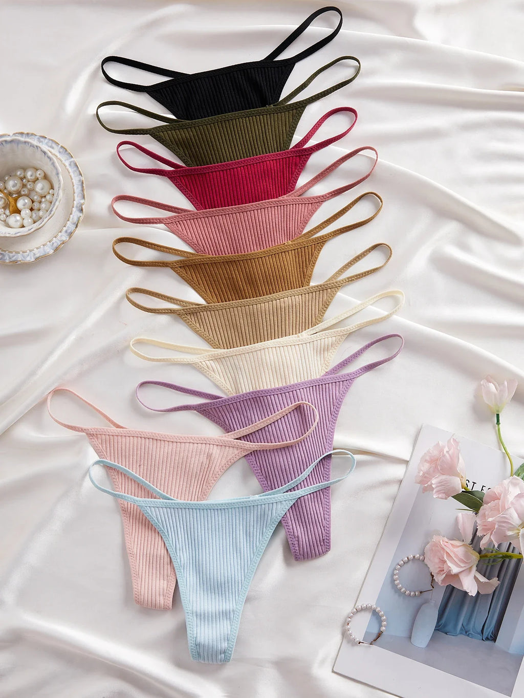 8PCS Women's Ribbed Thong Underwear, Soft Breathable Low Rise G String Panties, Slim Straps Multi-Color Pack