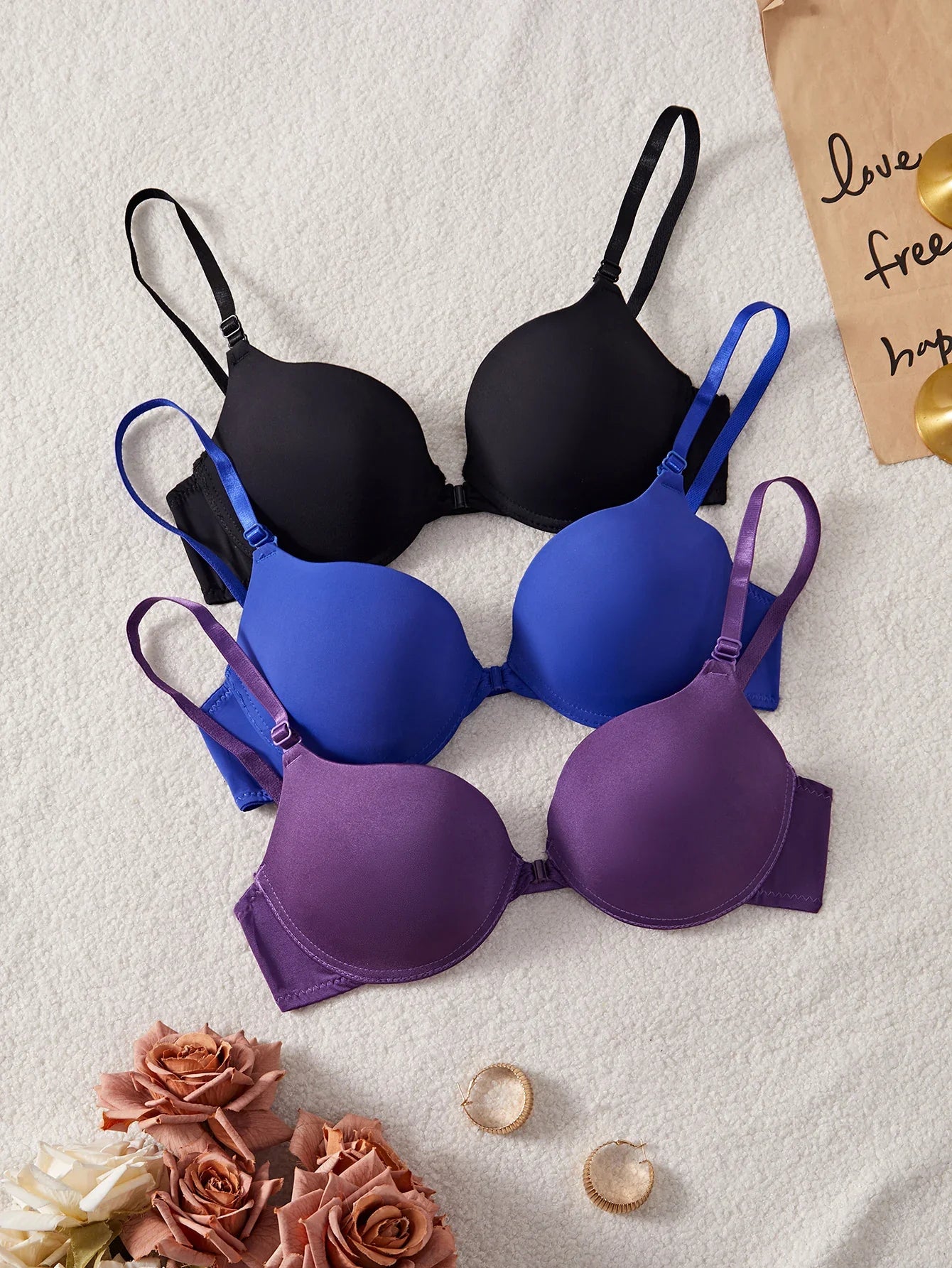 3-Pack Women's Underwear Set Everyday Basic Simple Solid Underwire Padded Push-Up Bra Casual & Comfortable T-Shirt Women's Bra