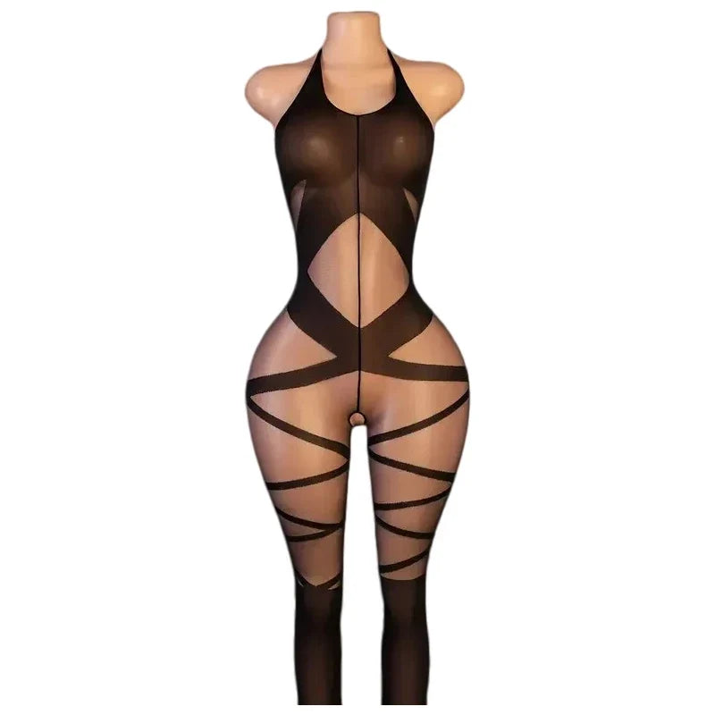 One Piece Crotchless Bodystocking EroticTransparent Sexy Lingerie Sexiest Bodysuit Mesh Hollow Bra Set Black Full Body Stockings