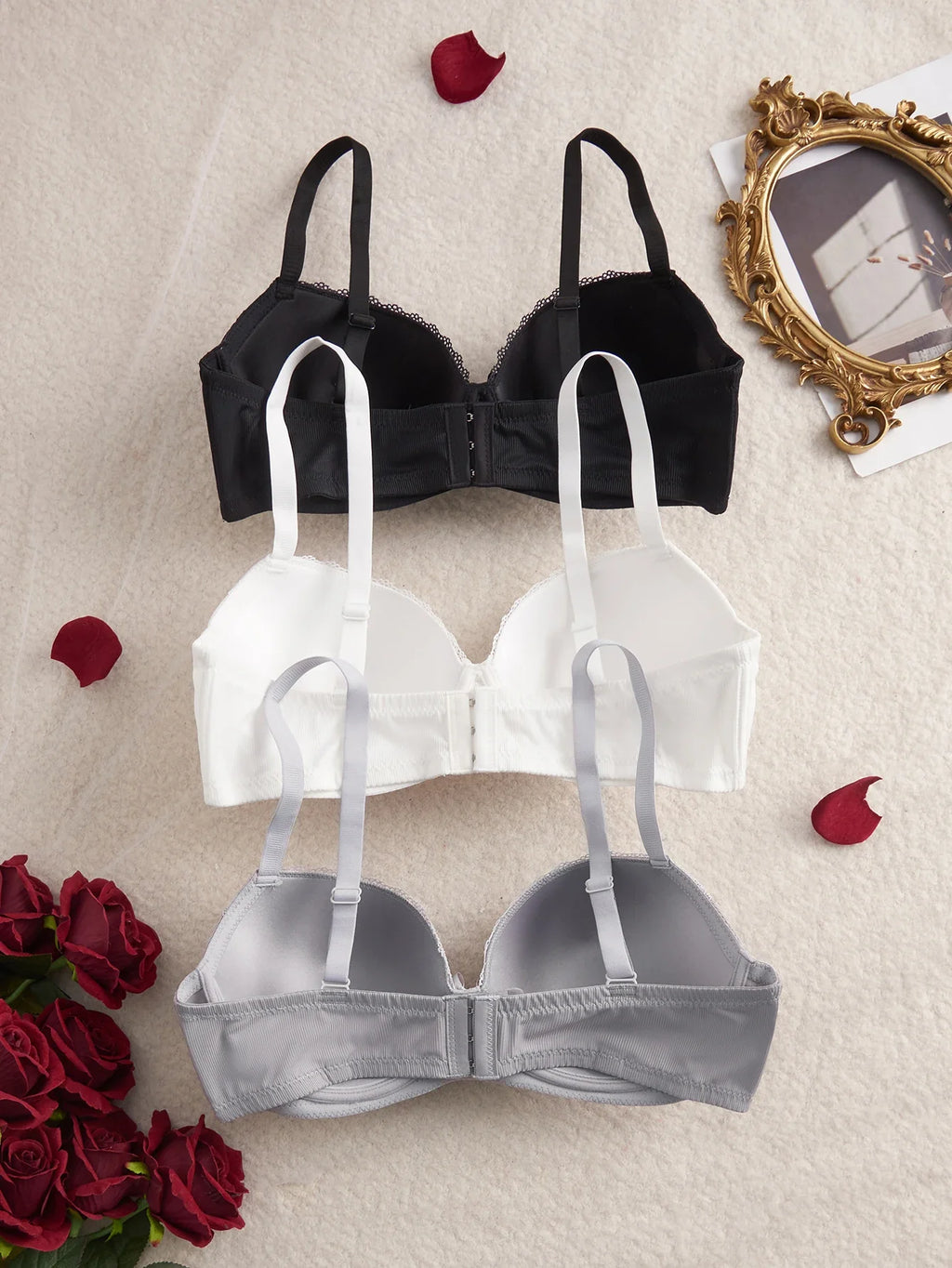 3Pcs Plus Size Women's Bras Lace Trim B C D E Thin Cup Ribbed Push up Bra Underwire Side Support Soft Women's Underwear Set