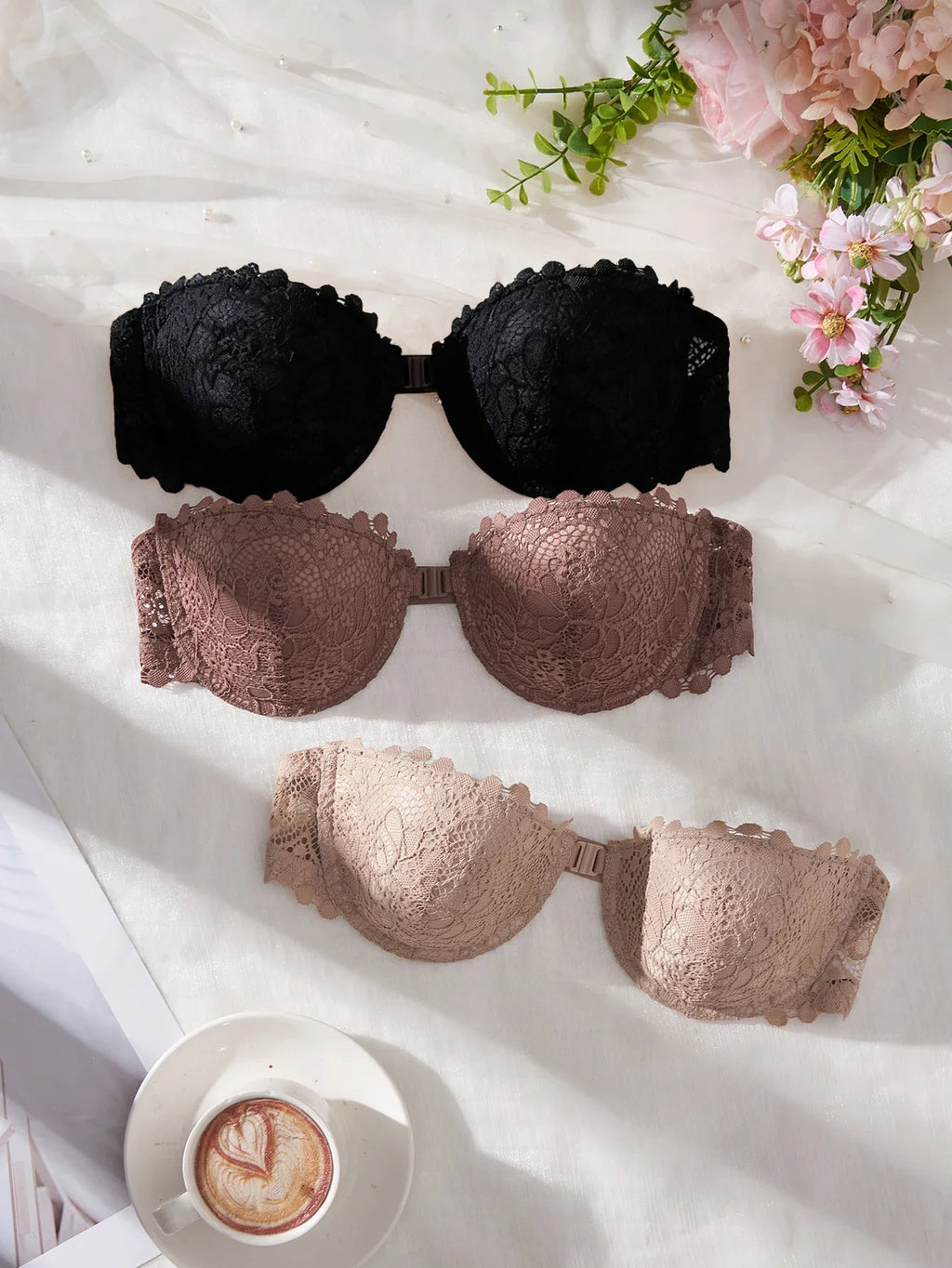 3Pcs Lace Women Strapless Bra Stylish Front Buckle Push up Bra Invisible Off-Shoulder Underwire Bras Women