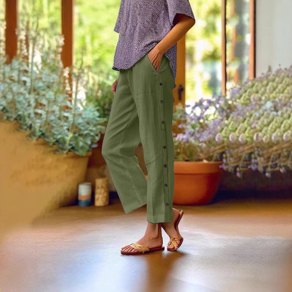 Cropped Pants With Decorative Buttons Along the Side Seams