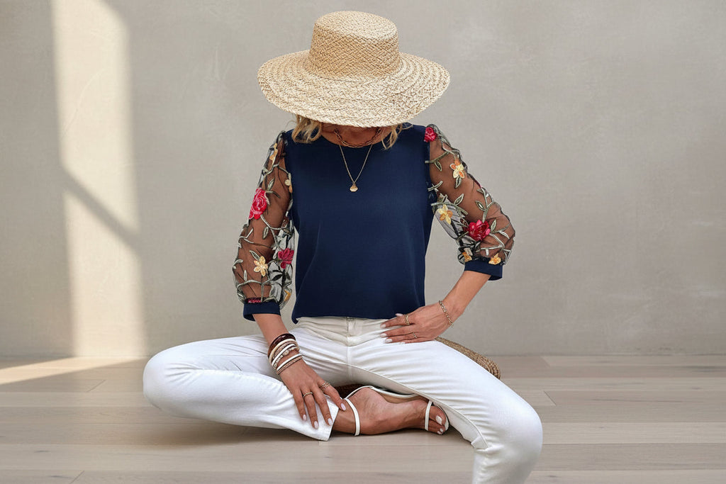 Women's Mesh Patchwork Three-Quarter Sleeve Top – Casual Chic