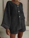 Women's Cotton Linen Shirt & Shorts Set – Long Sleeve, Button, Casual 2-Piece
