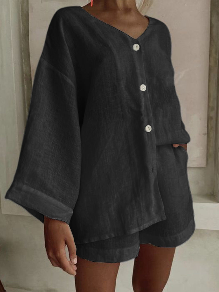 Women's Cotton Linen Shirt & Shorts Set – Long Sleeve, Button, Casual 2-Piece
