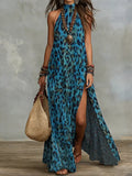 Women's Printed Scarf-Style Maxi Dress – Sleeveless, Split, Loose Boho