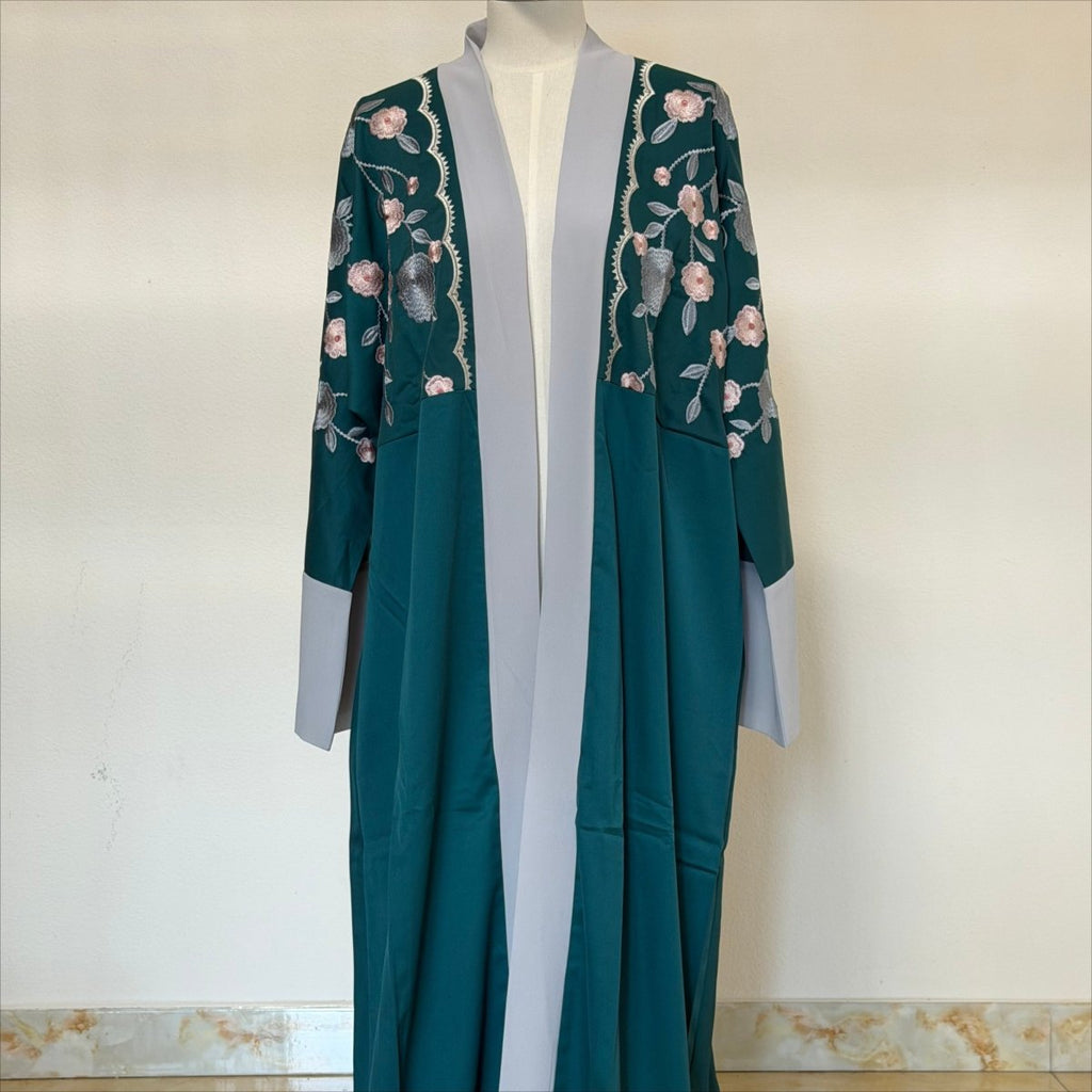 Archive Piece Floral Embroidered Colour-Block Open Abaya - MP054 (Size L Only)