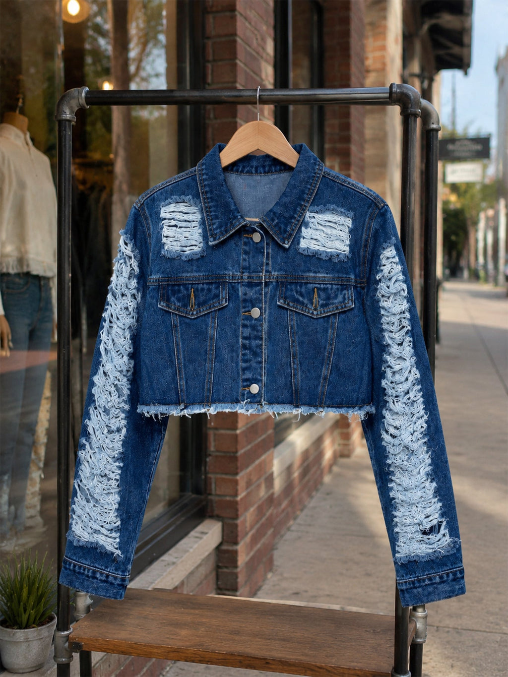 Women's Vintage Distressed Denim Set | Washed Jacket & Slim-Fit Shorts in Black & Blue | S–XXL