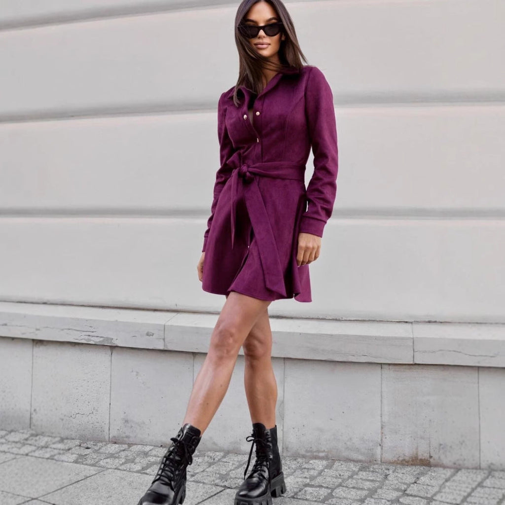 Loose Linen Lace-Up Long-Sleeve Mini Dress – 3 Colors, S–2XL