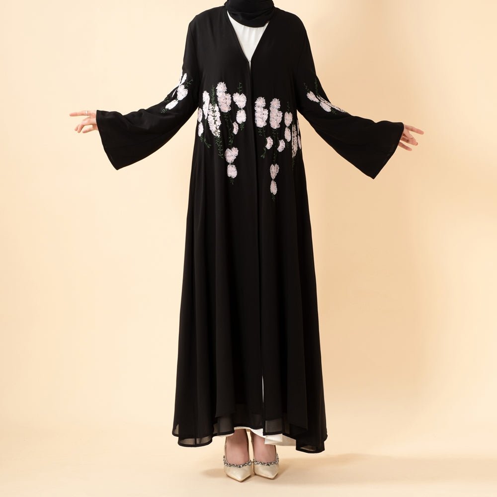 Luxury Floral Embroidered Double-Layer Chiffon Open Abaya(MOA308)