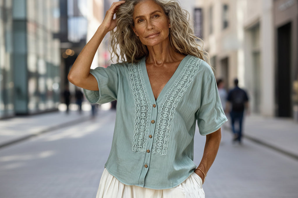 Women's Loose-Fit Faux Linen Embroidered Button-Up Top