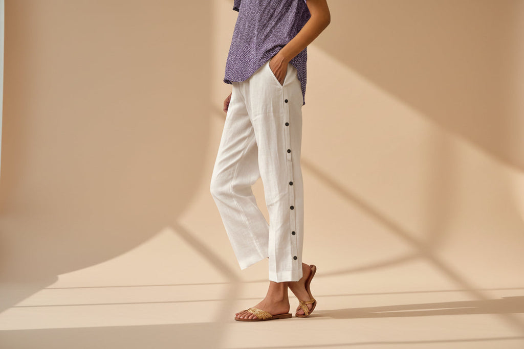 Cropped Pants With Decorative Buttons Along the Side Seams
