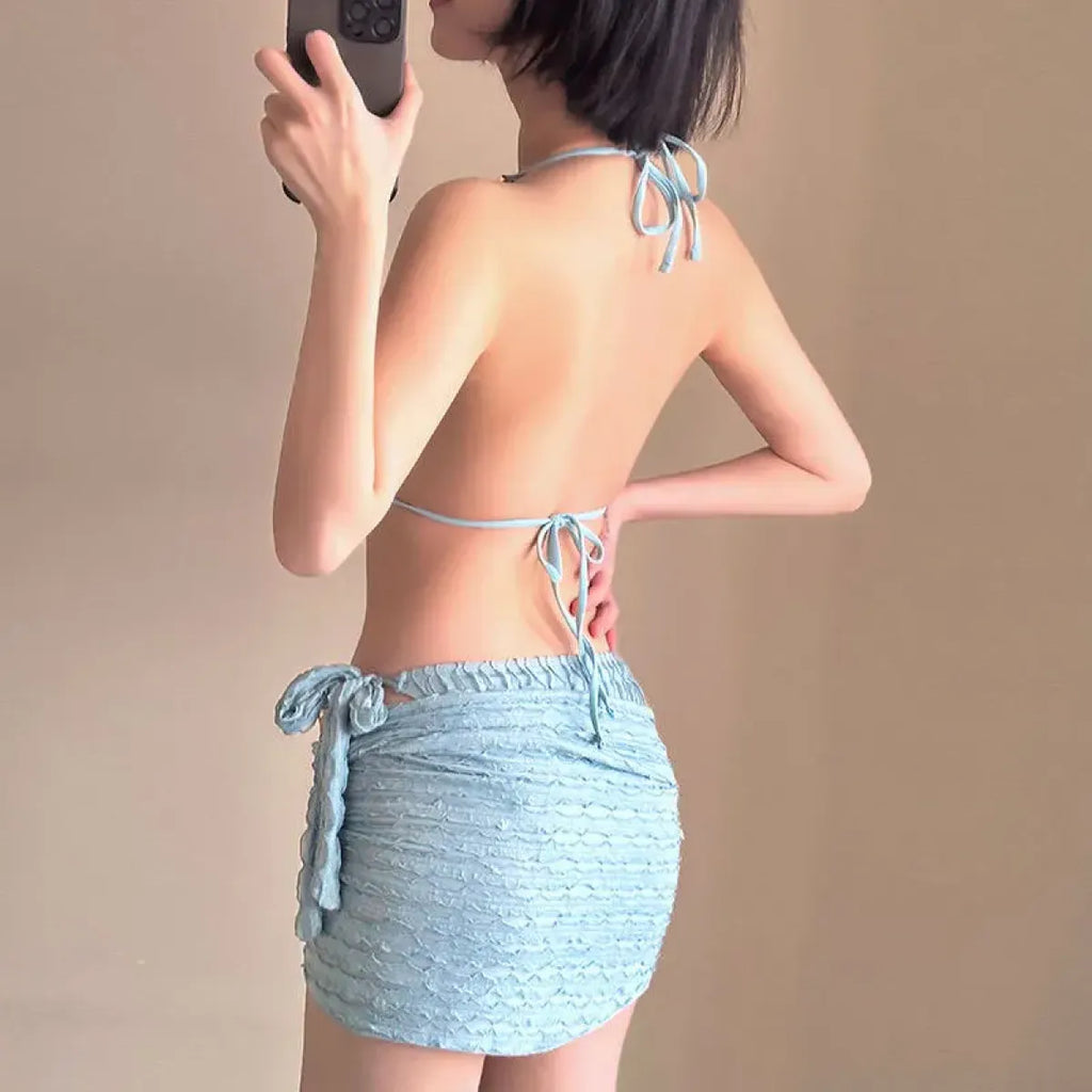 Chain Halter Bikini Set with Skirt – Korean 3PCS Beach Swimwear