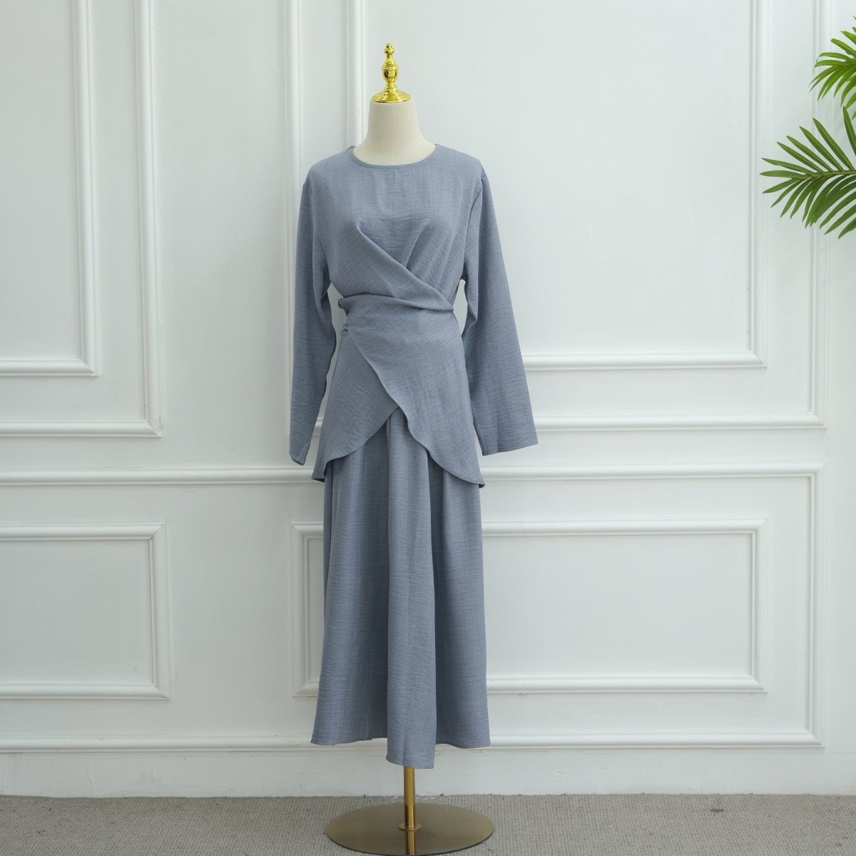 Cross-Wrap Waist Top & A-Line Maxi Skirt Set(MS475)