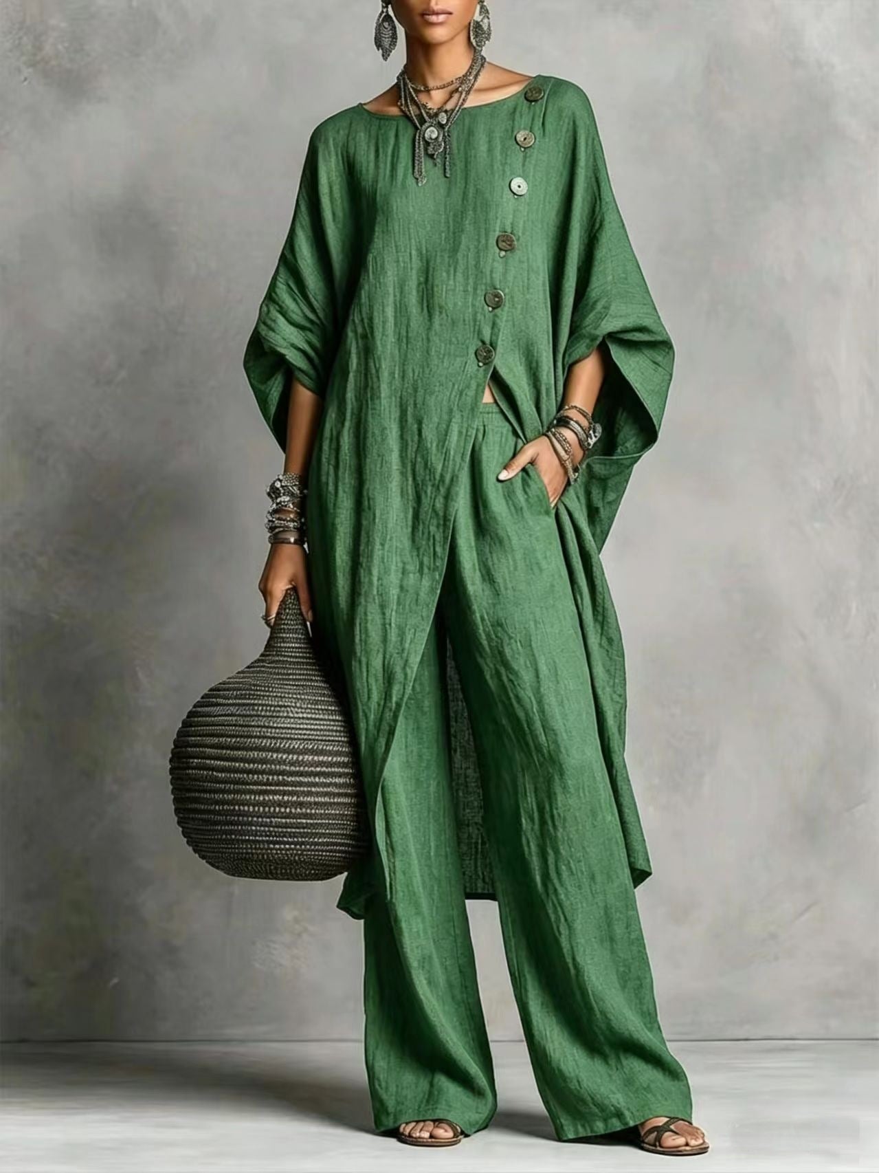 Women's Drop Shoulder Three-Quarter Sleeve Irregular Shirt & Pants Set