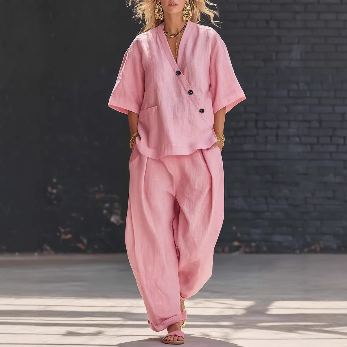 V-Neck Short Sleeve Top & High-Waist Trousers Two-Piece Set