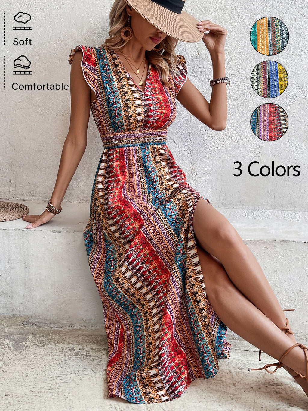 Women's Boho Geometric Print Puff Sleeve A-Line Maxi Dress – 3 Colors S–XL