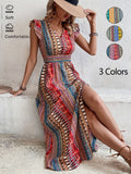 Women's Boho Geometric Print Puff Sleeve A-Line Maxi Dress – 3 Colors S–XL