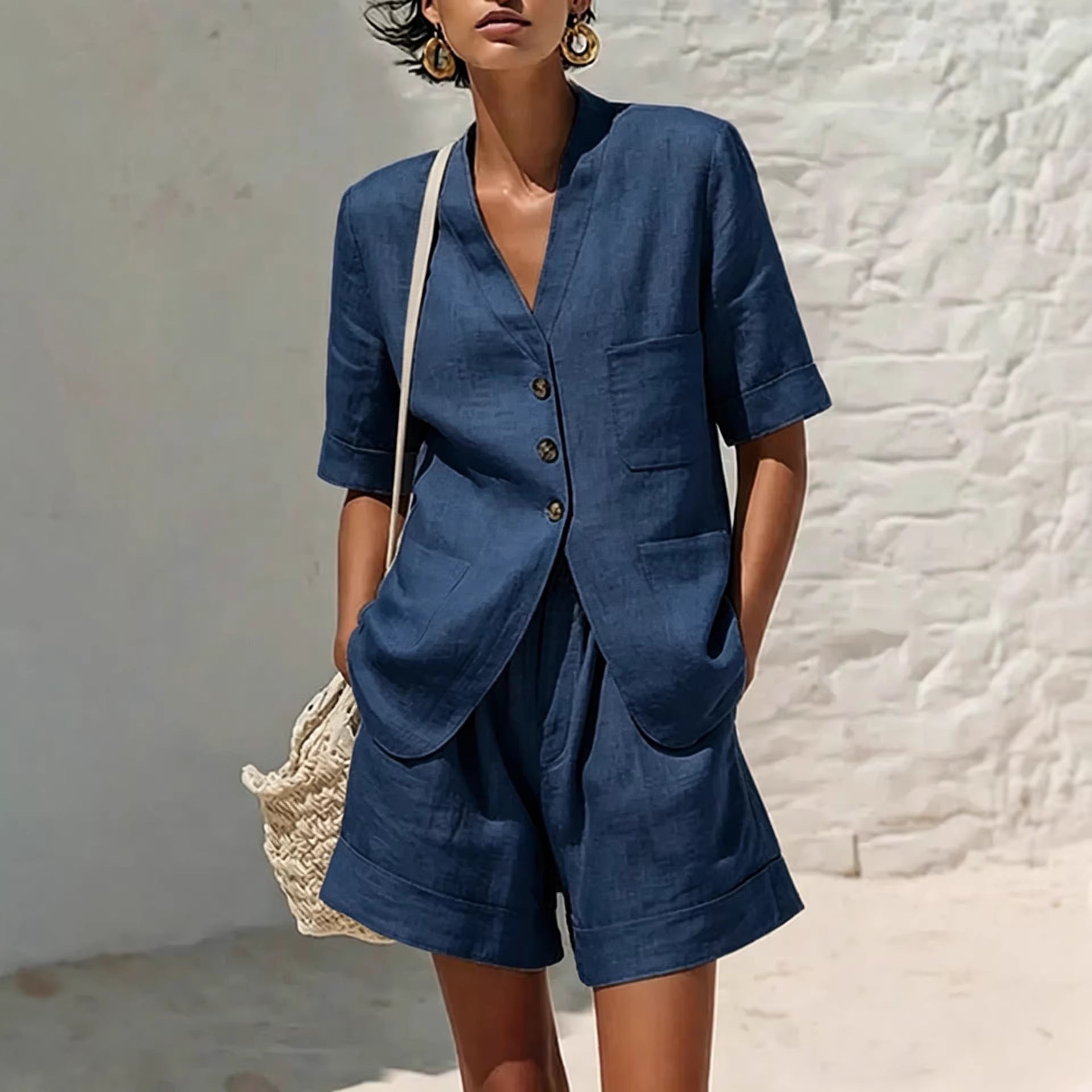 Women's Cotton-Linen Loose-Fit T-Shirt & Cropped Shorts Two-Piece Set
