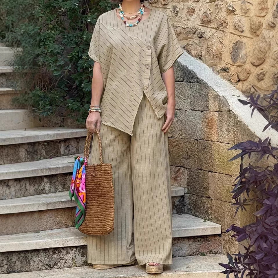 Striped Shirt & Loose Pants Set – Three-Quarter Sleeve Two-Piece