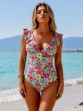 Women's Floral Print One-Piece Swimsuit — Ruffled Shoulder Detail