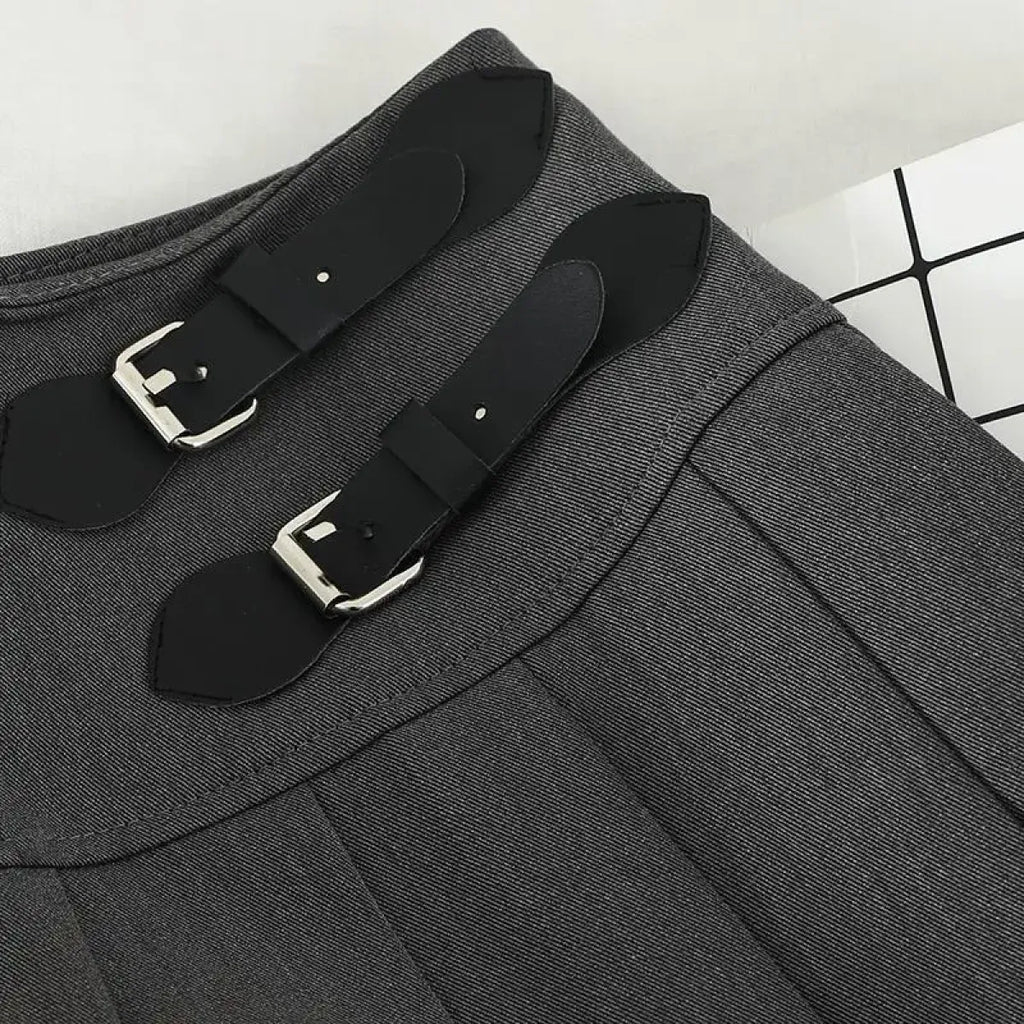 Harajuku Double Belt Pleated Tennis Skirt (Grey/Black)