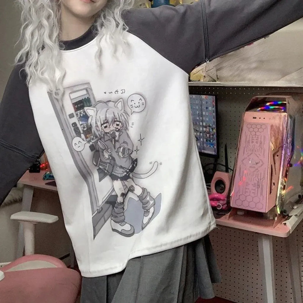 Dreamy Detachable Sleeve Tee – Kawaii Cat & Anime Harajuku Style Top
