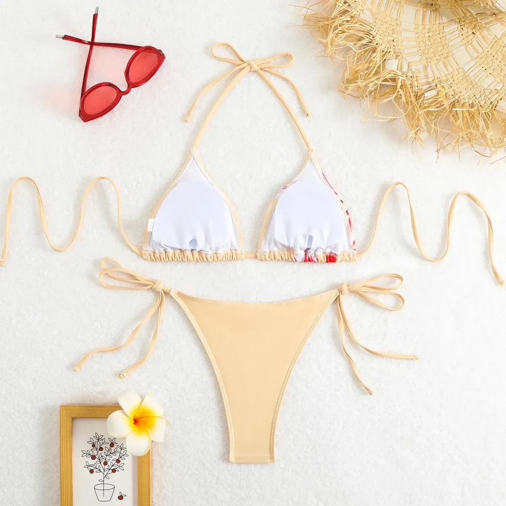 Halter Bikini Set – Vintage Floral Print String Swimwear
