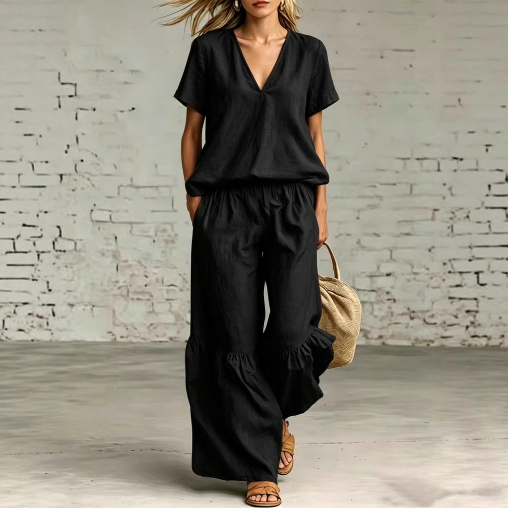 V-Neck Loose Short-Sleeve Top & Pants Set – 7 Colors, S–5XL