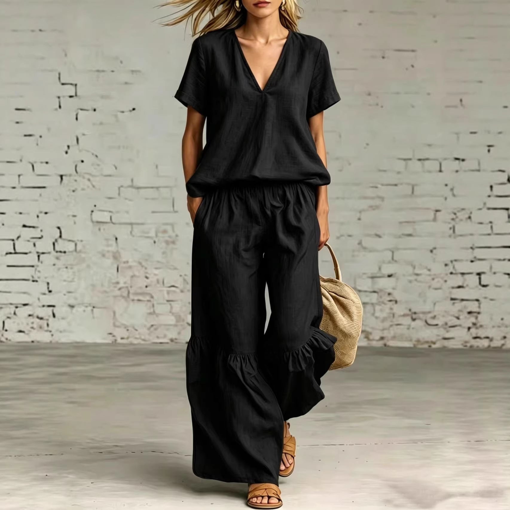 V-Neck Loose Short-Sleeve Top & Pants Set – 7 Colors, S–5XL