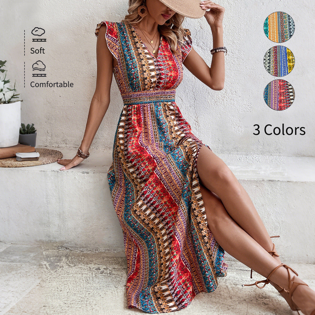Women's Boho Geometric Print Puff Sleeve A-Line Maxi Dress – 3 Colors S–XL