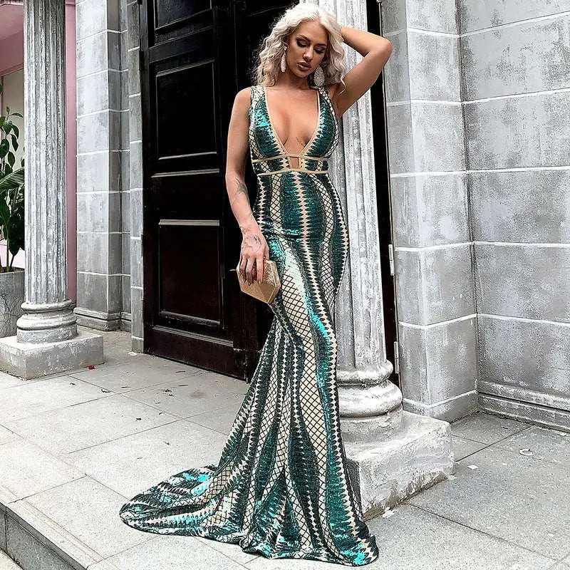 Emerald Gold Geometric Sequin Evening Dress