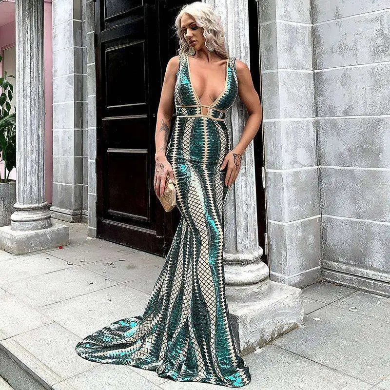 Emerald Gold Geometric Sequin Evening Dress