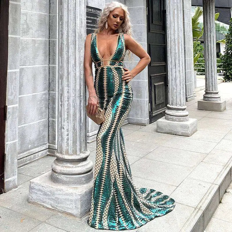 Emerald Gold Geometric Sequin Evening Dress