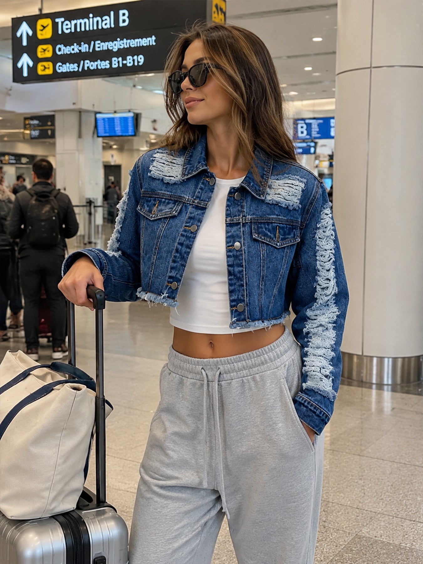 Women's Vintage Distressed Denim Set | Washed Jacket & Slim-Fit Shorts in Black & Blue | S–XXL