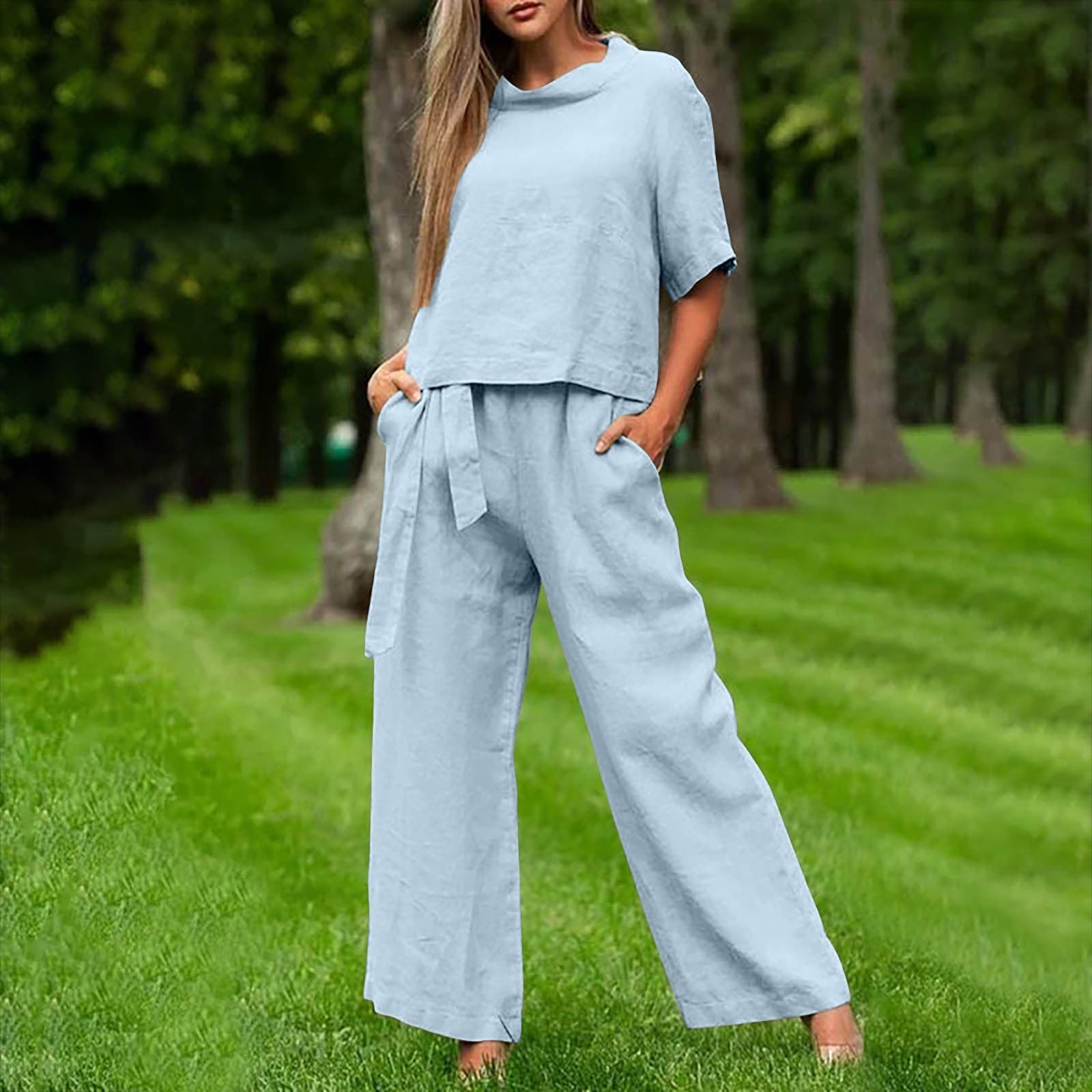 Round-Neck 3/4 Sleeve Top & Pants Two-Piece Set – 6 Colors, S–XXL