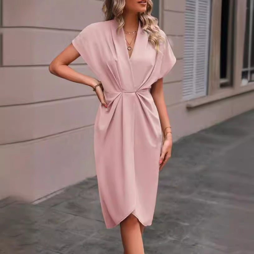 Pleated A-Line Midi Dress – V-Neck Sleeveless Summer Dress