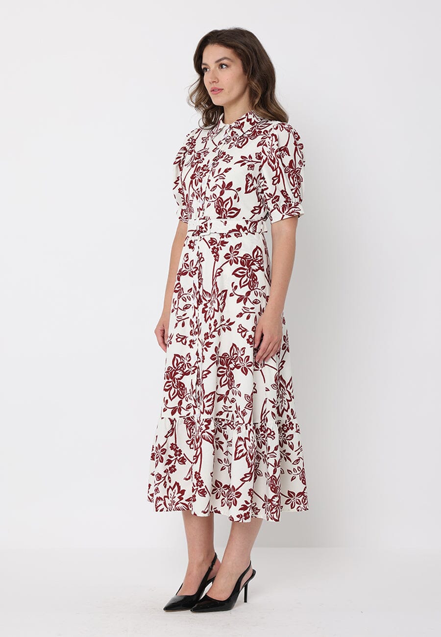 Floral Print Puff Sleeve Button Down Midi Dress