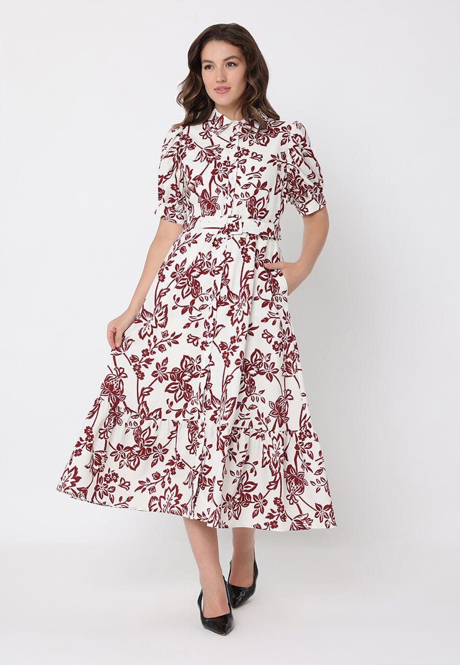 Floral Print Puff Sleeve Button Down Midi Dress
