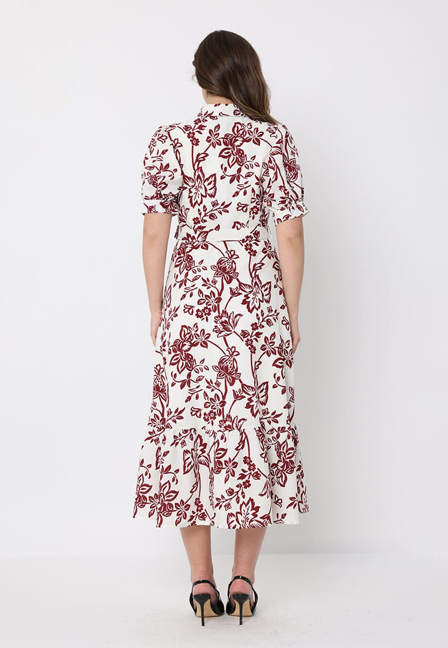 Floral Print Puff Sleeve Button Down Midi Dress