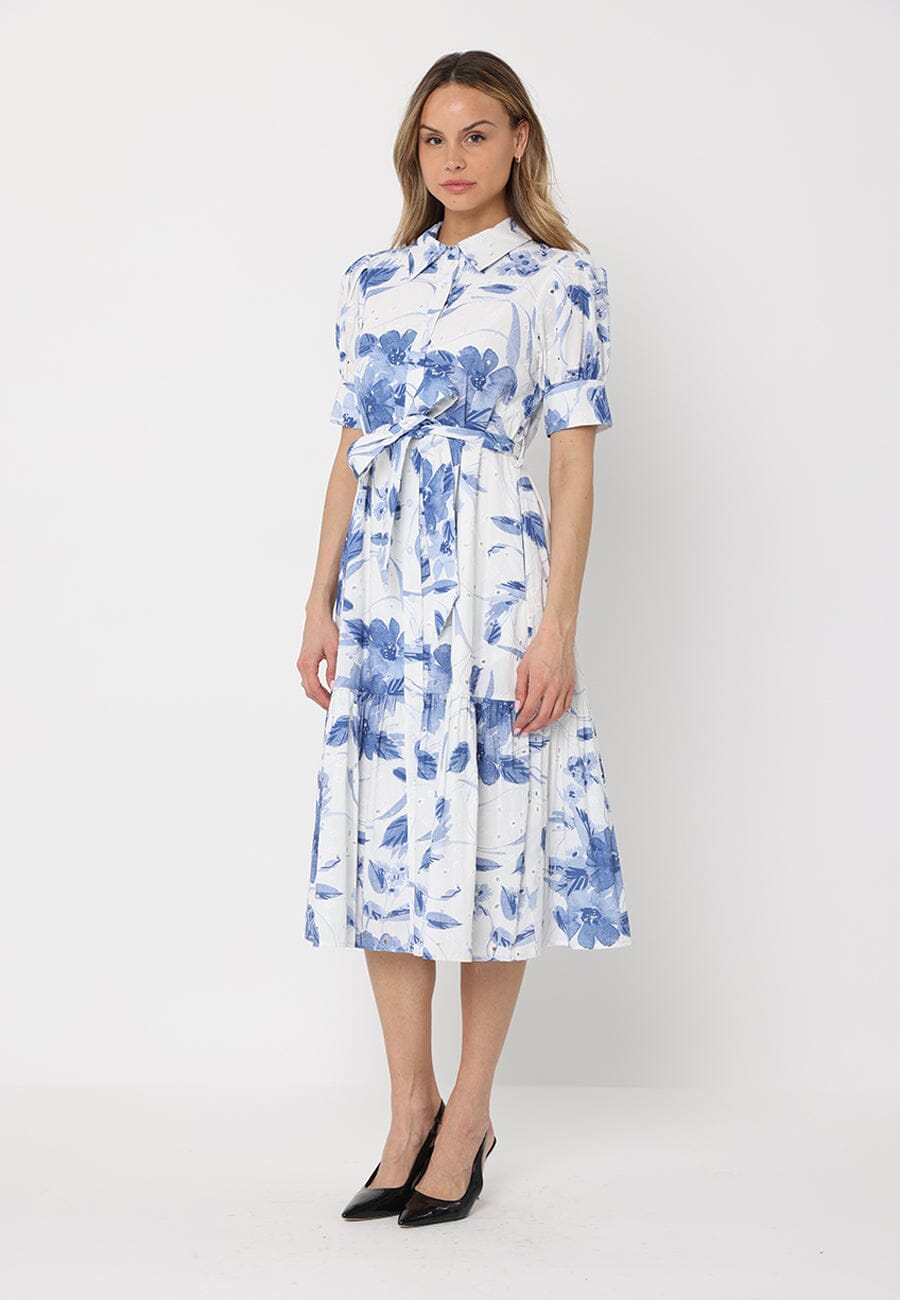 Floral Print Short Sleeve Front Button Down Dress