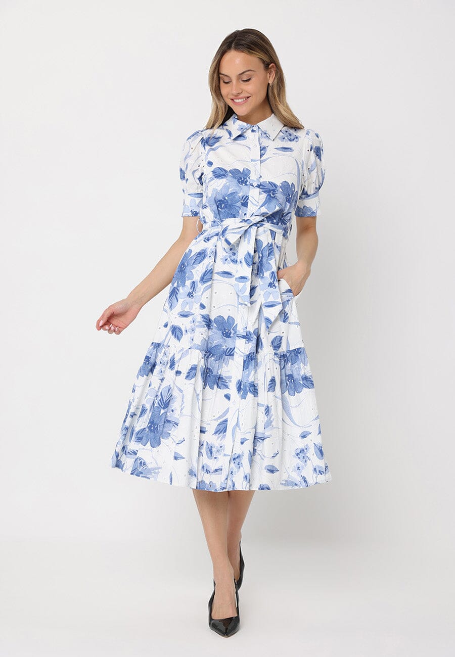 Floral Print Short Sleeve Front Button Down Dress