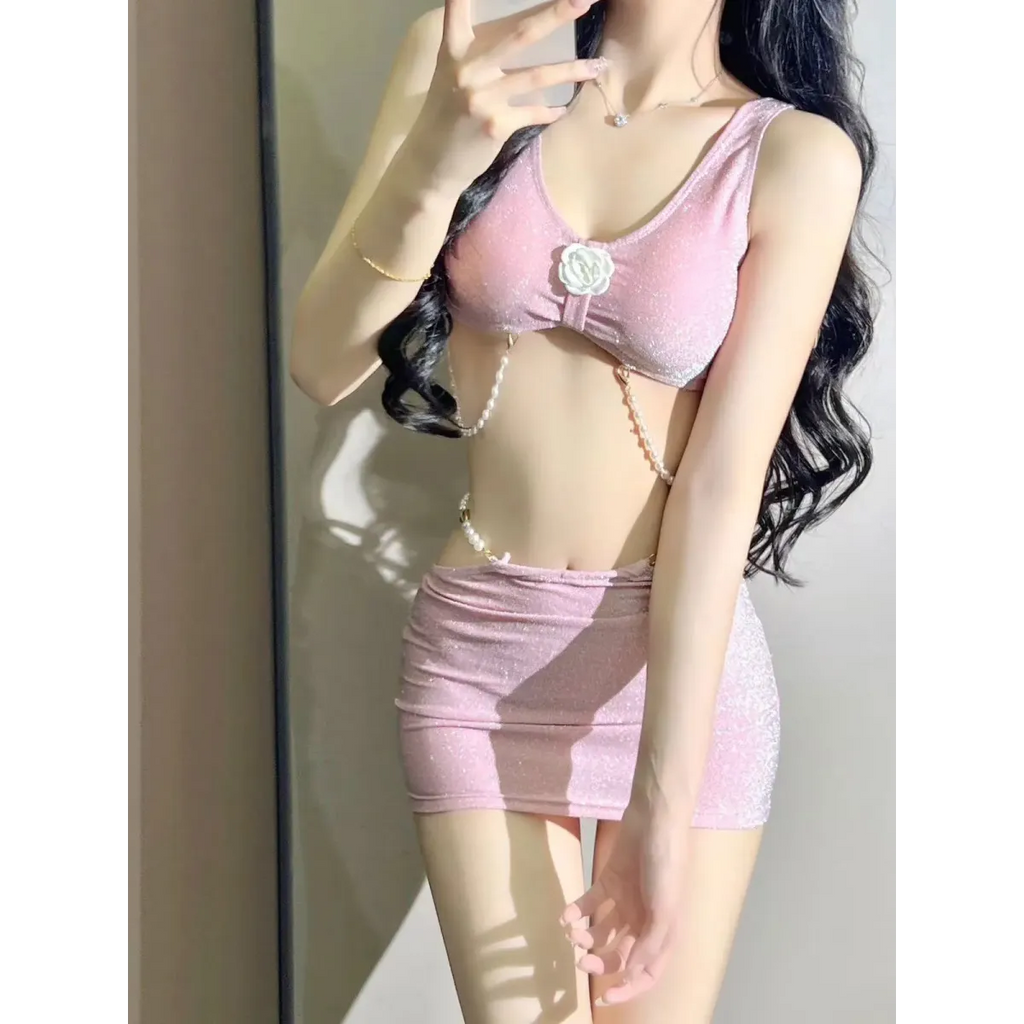 Glitter 3PC Bikini Set – 3D Flower Top with Pearl Chain Mini Skirt