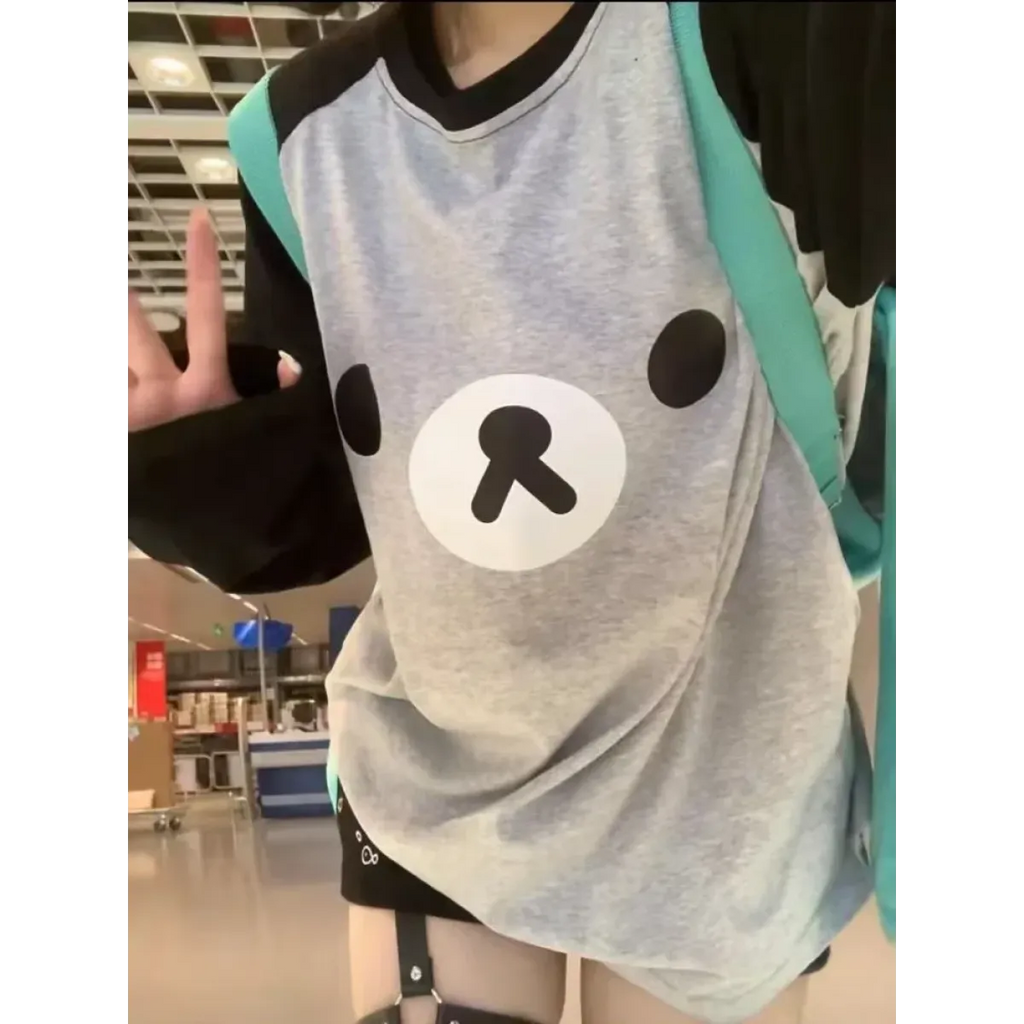 Gray Kawaii Bear Oversized T-Shirt – Harajuku Long Sleeve Top Y2K Style