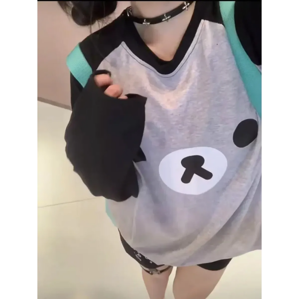 Gray Kawaii Bear Oversized T-Shirt – Harajuku Long Sleeve Top Y2K Style