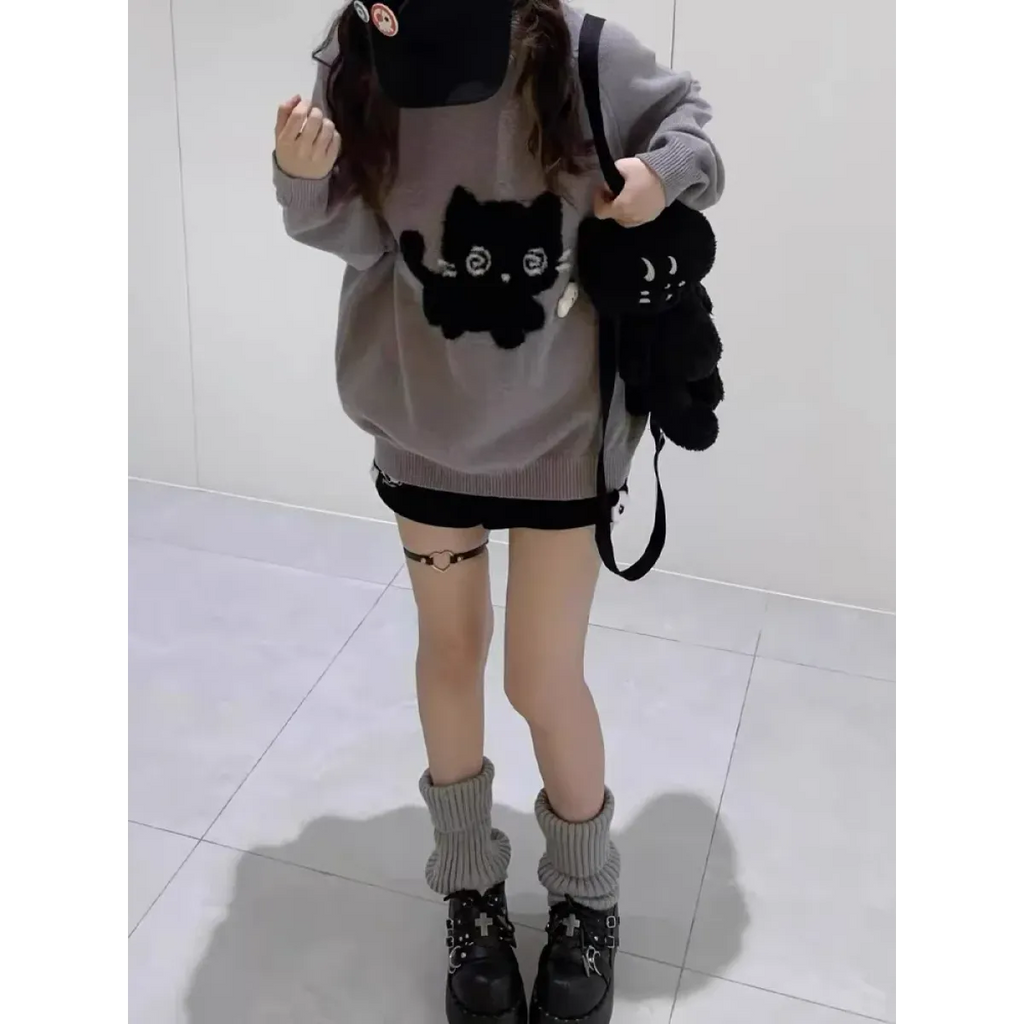 Gray Kawaii Cat Sweater Oversized Harajuku Soft Girl Pullover