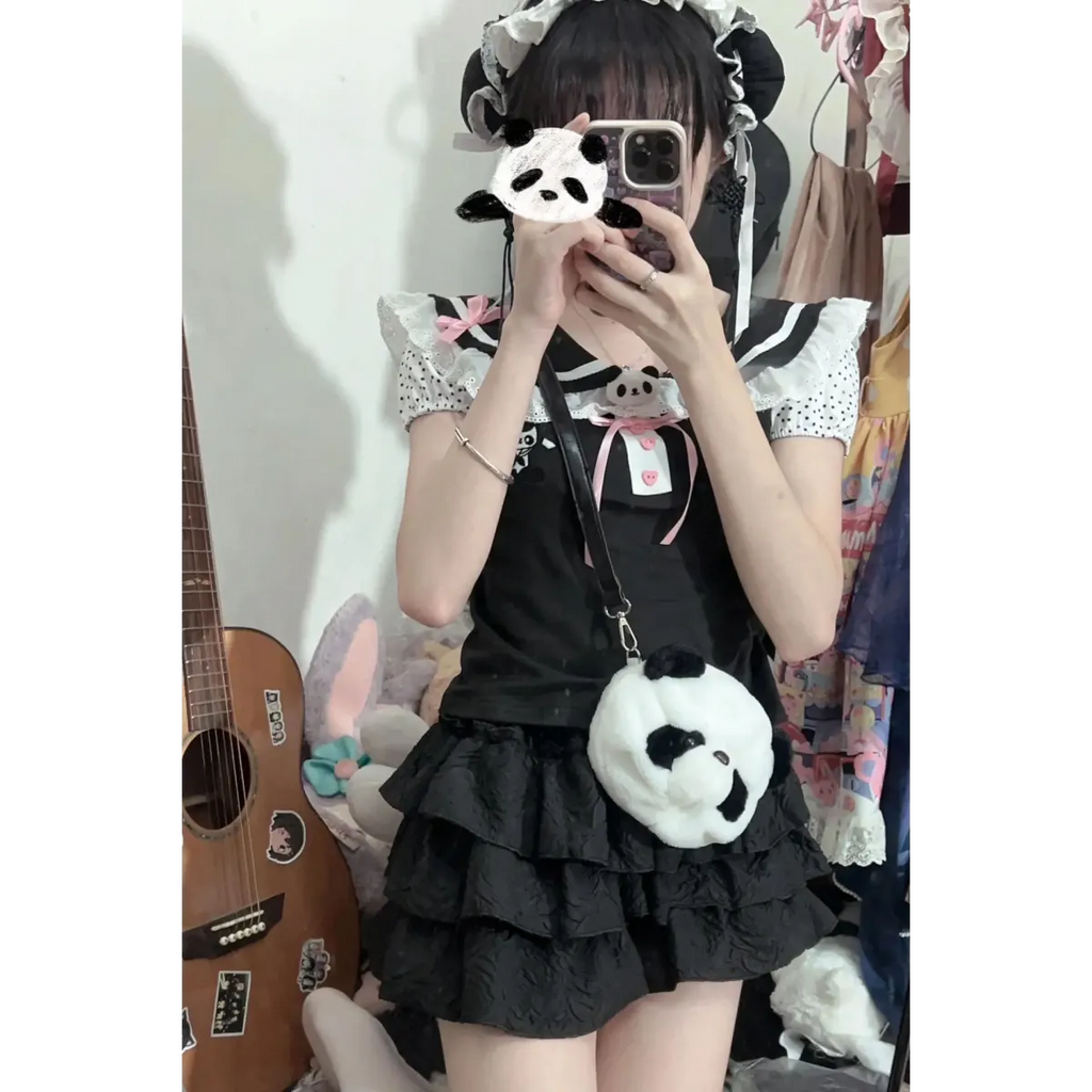 Kawaii Panda Embroidered Sailor Top – Harajuku Y2K Lace Tee