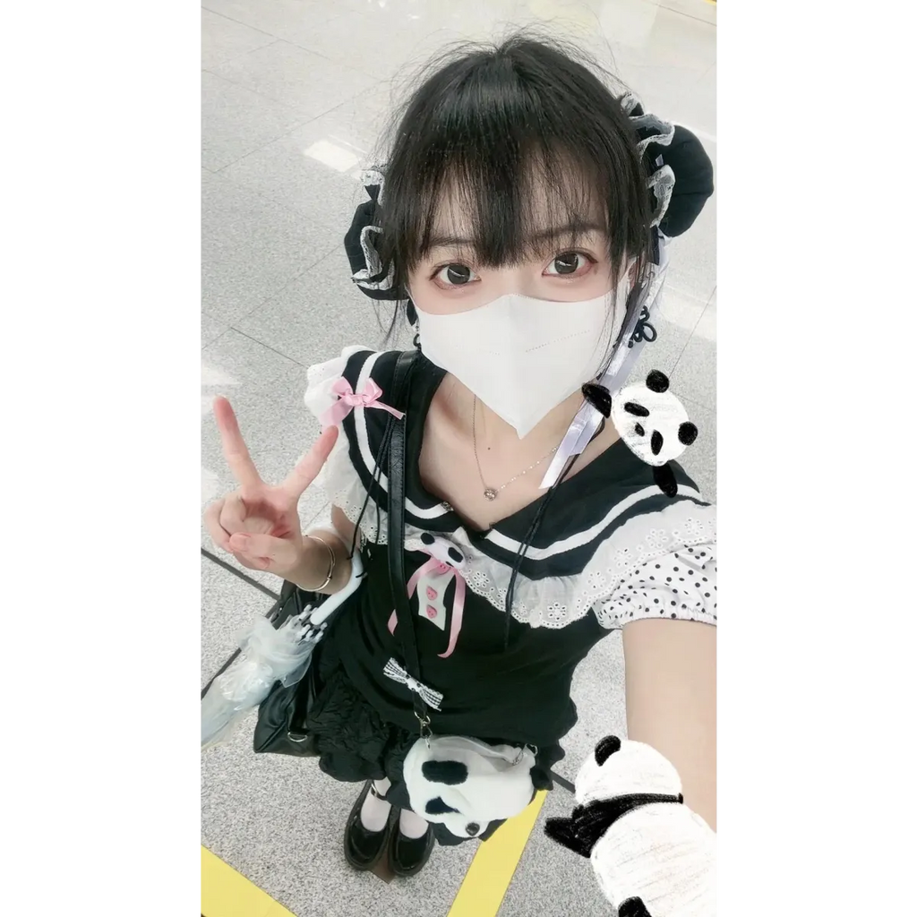 Kawaii Panda Embroidered Sailor Top – Harajuku Y2K Lace Tee